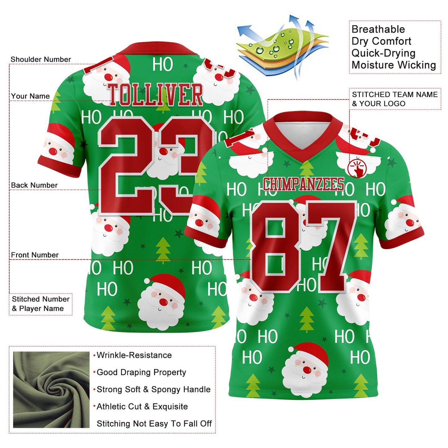 Custom Green Red-White 3D Pattern Christmas Mesh Authentic Football Jersey