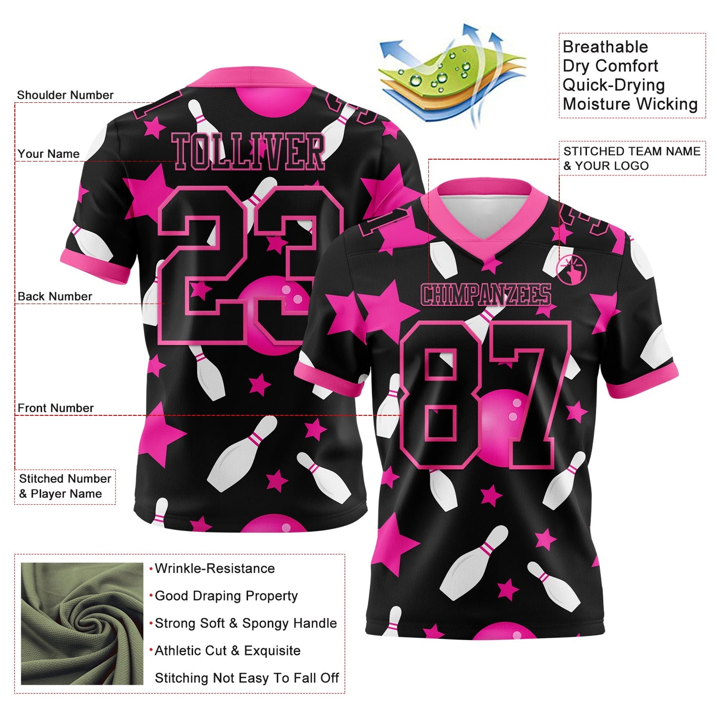 Custom Black Pink 3D Pattern Bowling Mesh Authentic Football Jersey