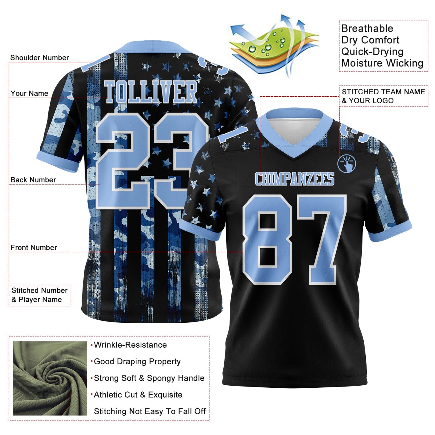 Custom Black Light Blue-White 3D Pattern American Flag Mesh Authentic Football Jersey