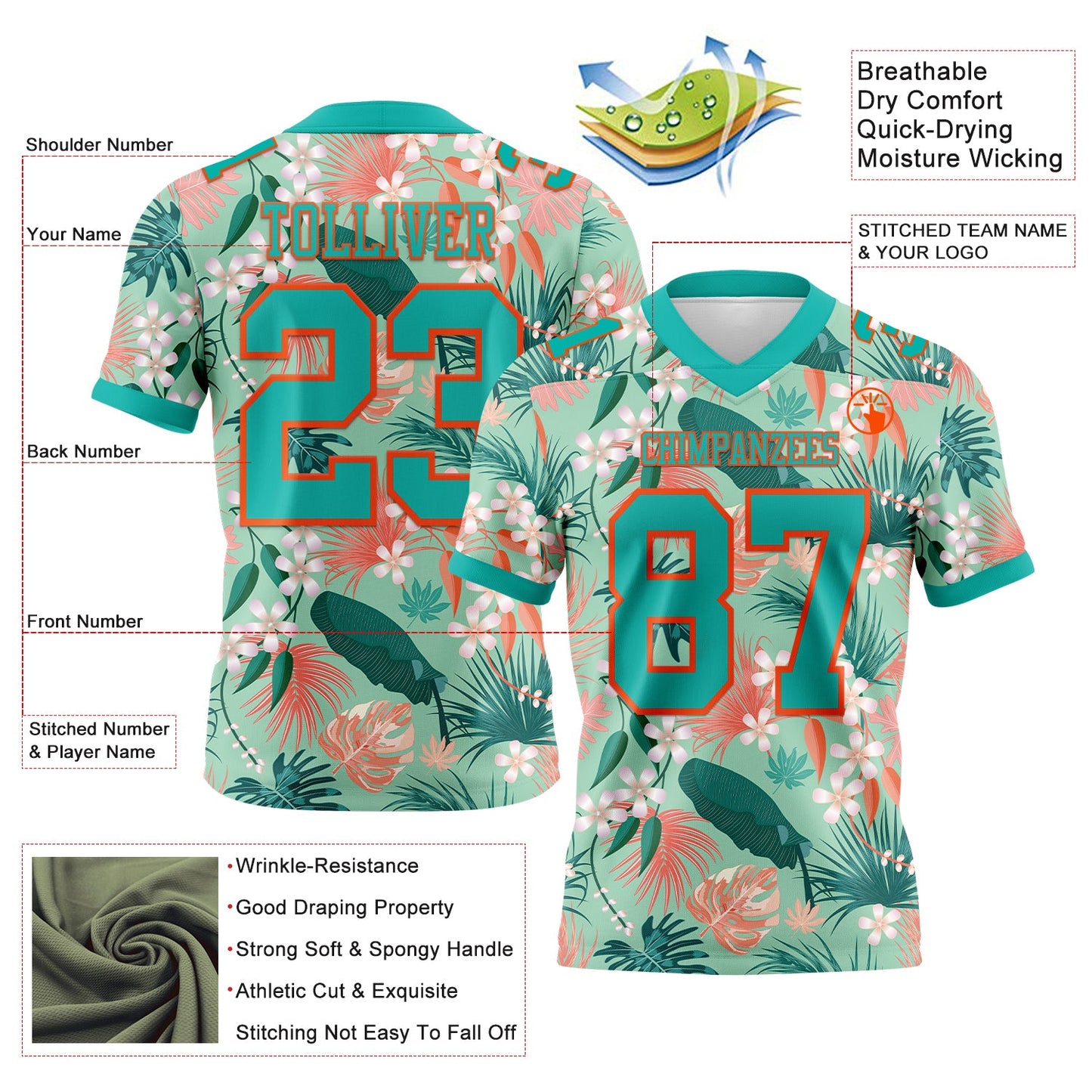 Custom Teal Orange 3D Pattern Hawaii Palm Leaves And Flowers Mesh Authentic Football Jersey
