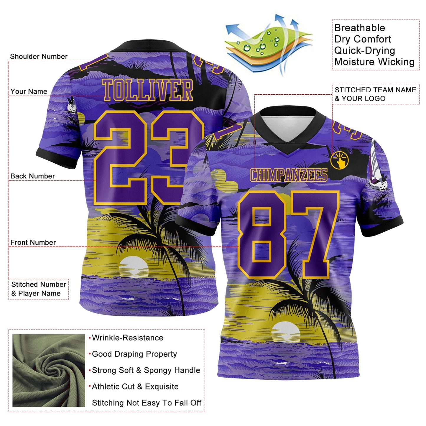 Custom Purple Black-Yellow 3D Pattern Sun Beach Hawaii Palm Trees Mesh Authentic Football Jersey