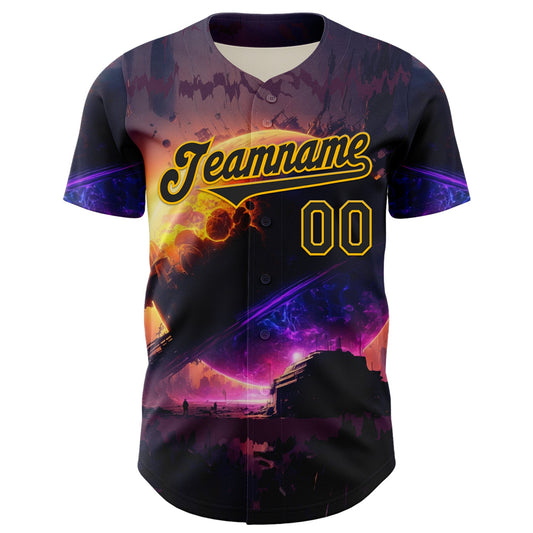 Custom Black Gold 3D Pattern Design Outer Space Solar Authentic Baseball Jersey