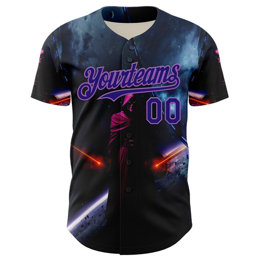 Custom Black Dark Purple-Medium Purple 3D Pattern Design Outer Space Light Swords Authentic Baseball Jersey