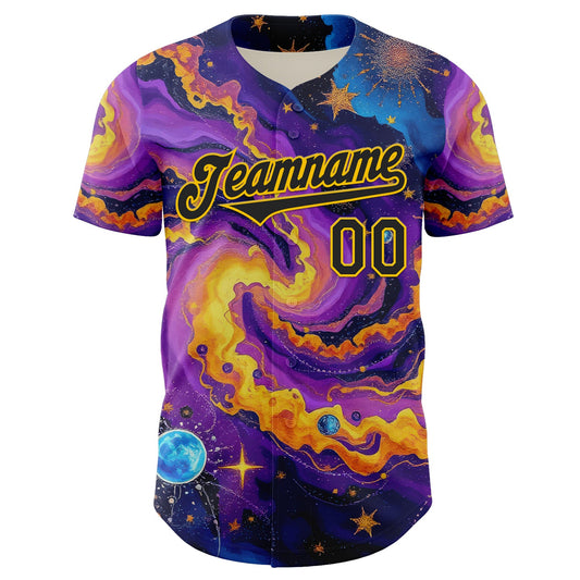 Custom Purple Black-Yellow 3D Pattern Design Outer Space Galaxy Authentic Baseball Jersey