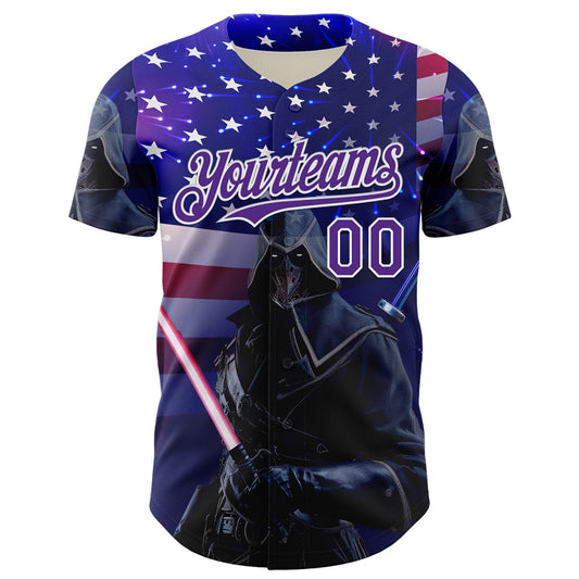 Custom Blue Purple-White 3D Pattern Design Outer Space Light Swords American Flag Authentic Baseball Jersey