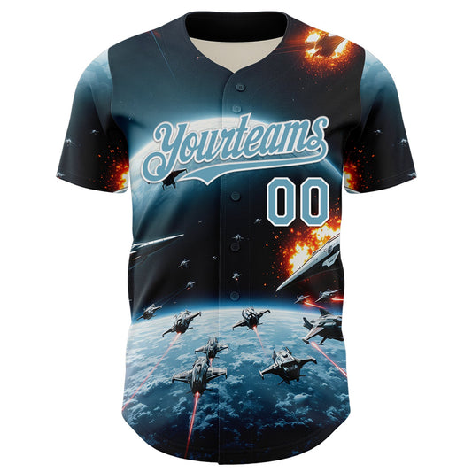 Custom Blue Shadow Blue-White 3D Pattern Design Outer Space Starships Authentic Baseball Jersey