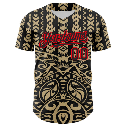 Custom Black Vegas Gold-Fire Red 3D Polynesian Style Islander Authentic Baseball Jersey