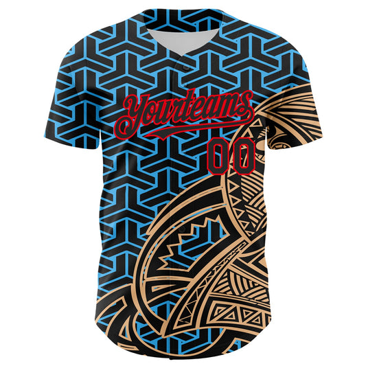 Custom Black Sky Blue Old Gold-Fire Red 3D Polynesian Style Islander Authentic Baseball Jersey