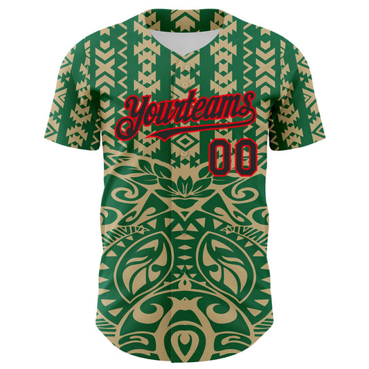 Custom Kelly Green Black Vegas Gold-Fire Red 3D Polynesian Style Islander Authentic Baseball Jersey