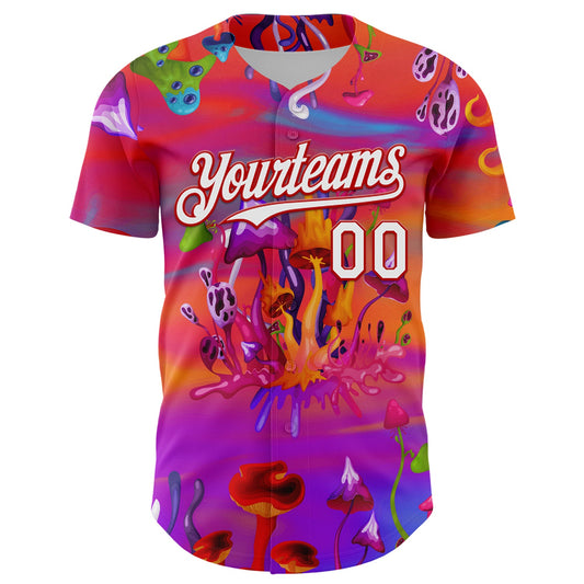 Custom Red White 3D Pattern Design Trippy Psychedelic Magic Mushrooms Authentic Baseball Jersey