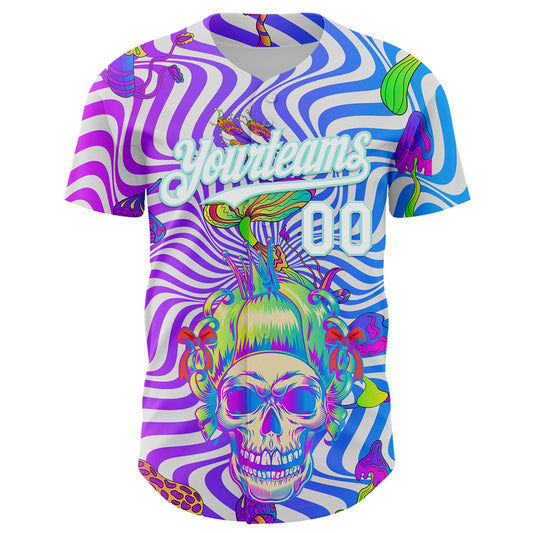 Custom Purple White-Ice Blue 3D Pattern Design Trippy Magic Mushrooms Skull Authentic Baseball Jersey