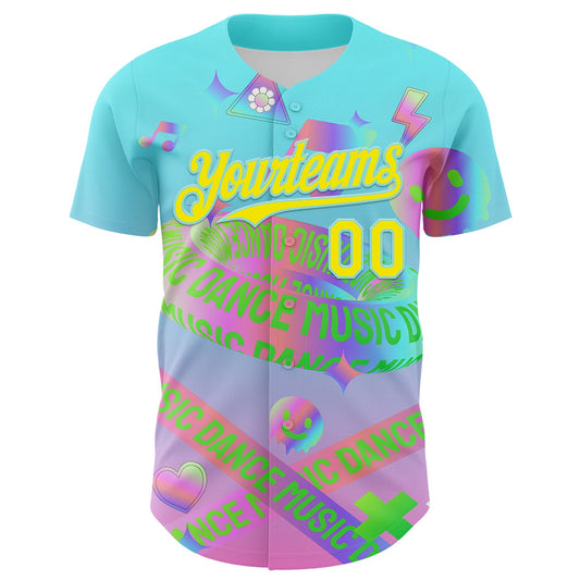 Custom Blue Light Yellow-Ice Blue 3D Pattern Design Trippy Dance Music Acid Authentic Baseball Jersey