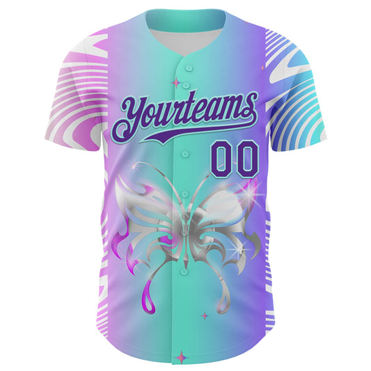 Custom Blue Purple-Ice Blue 3D Pattern Design Trippy Acid Butterfly Authentic Baseball Jersey