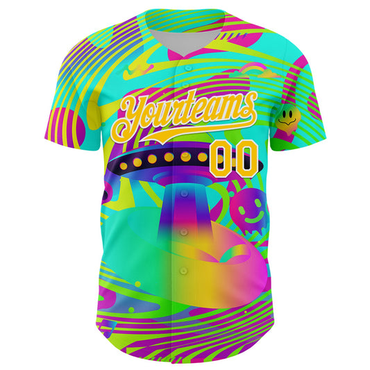 Custom Green Yellow-White 3D Pattern Design Trippy Acid UFO Authentic Baseball Jersey