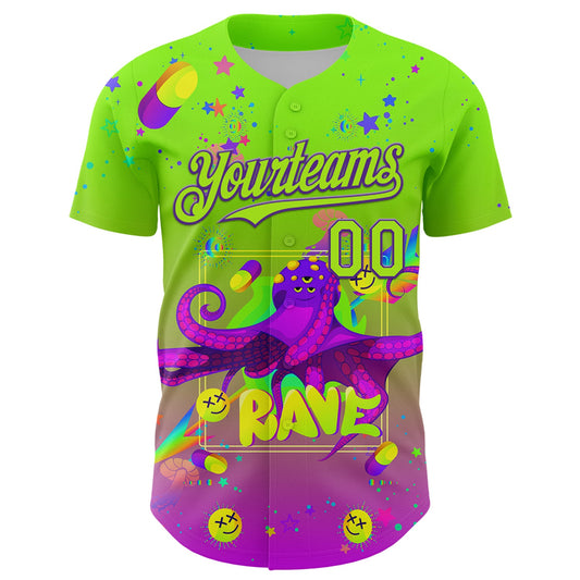 Custom Green Neon Green-Purple 3D Pattern Design Trippy Psychedelic Octopus Authentic Baseball Jersey