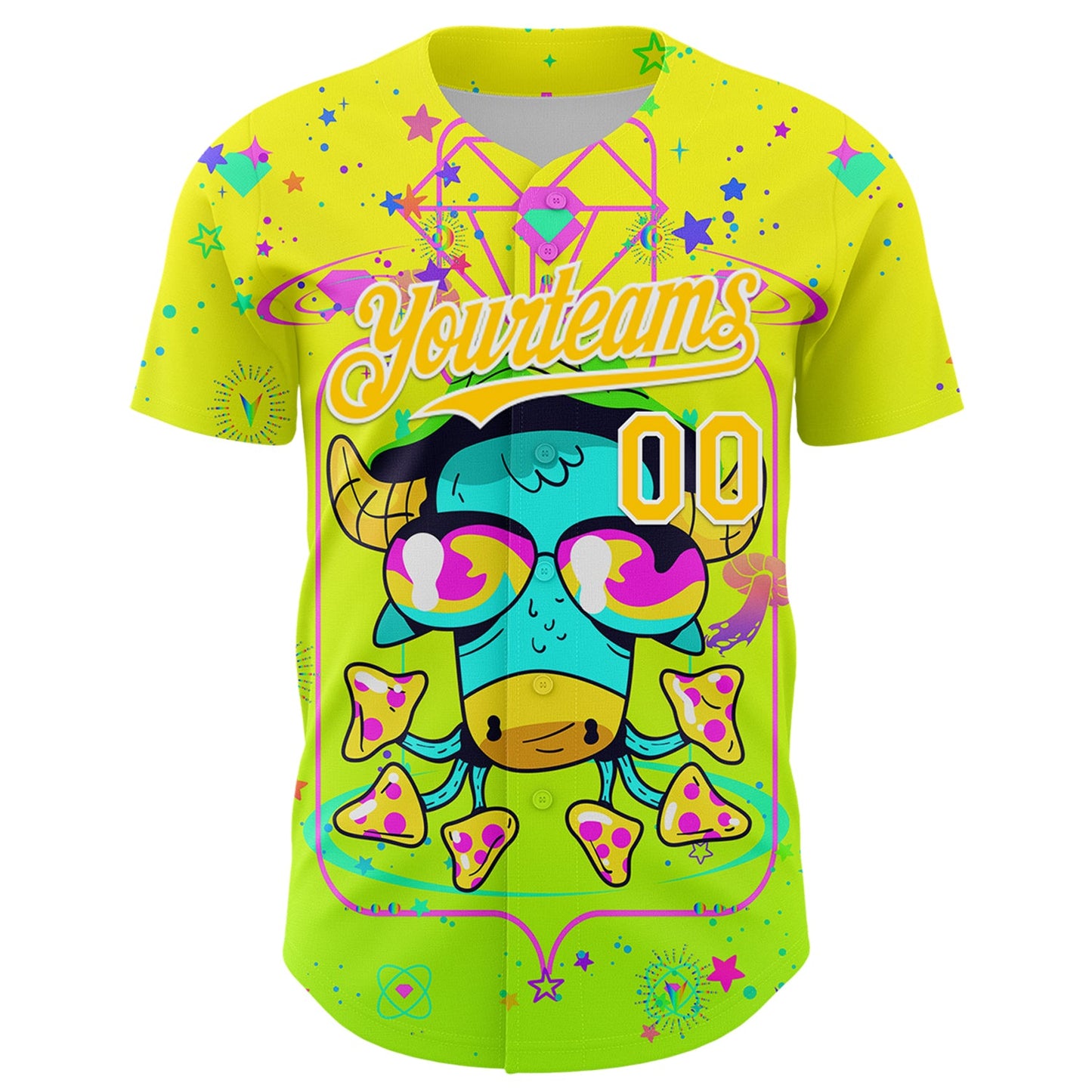Custom Gold Yellow Green-White 3D Pattern Design Trippy Psychedelic Magic Mushrooms Authentic Baseball Jersey