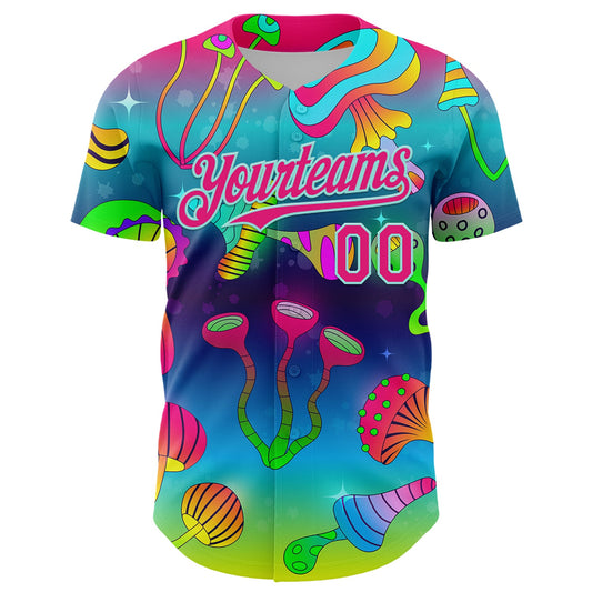 Custom Blue Hot Pink-Ice Blue 3D Pattern Design Trippy Psychedelic Magic Mushrooms Authentic Baseball Jersey