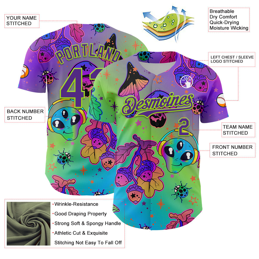 Custom Purple Neon Green 3D Pattern Design Trippy Magic Mushrooms Alien Authentic Baseball Jersey