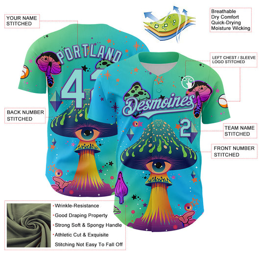 Custom Blue Ice Blue-Purple 3D Pattern Design Trippy Psychedelic Magic Mushrooms Authentic Baseball Jersey