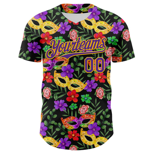 Custom Black Purple-Gold 3D Pattern Design Mardi Gras Shrove Tuesday Authentic Baseball Jersey