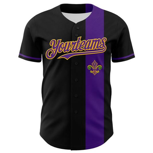 Custom Black Purple-Gold 3D Pattern Design Mardi Gras Shrove Tuesday Authentic Baseball Jersey