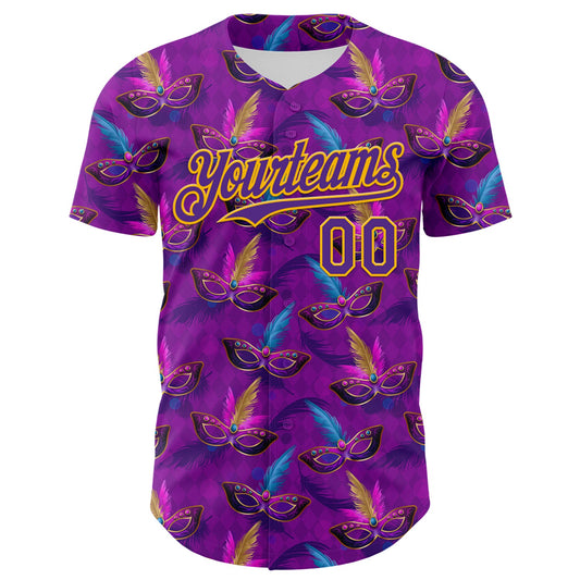 Custom Purple Gold 3D Pattern Design Mardi Gras Shrove Tuesday Authentic Baseball Jersey