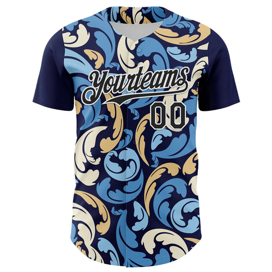 Custom Navy Black-White 3D Pattern Design Burner Costumes Floral Grunge Authentic Baseball Jersey