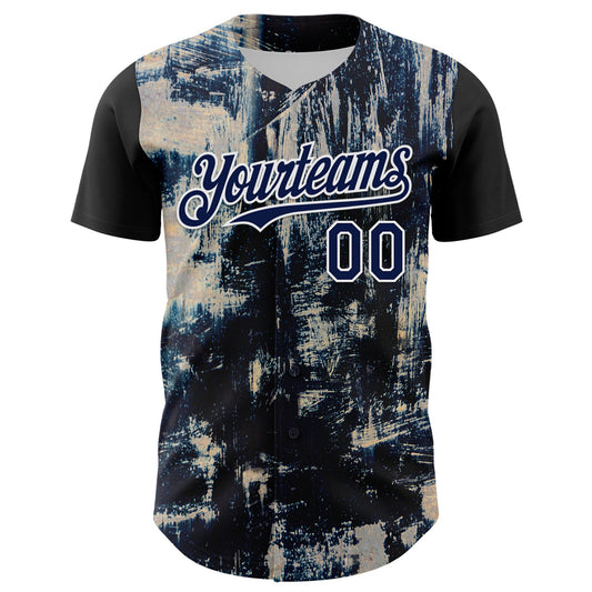 Custom Black Navy-White 3D Pattern Design Burner Costumes Grungy Authentic Baseball Jersey