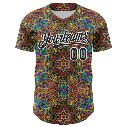 Custom Gold Black-White 3D Pattern Design Burner Costumes Trippy Authentic Baseball Jersey