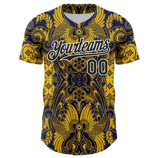 Custom Navy Black Yellow-White 3D Pattern Design Burner Costumes Paisley Authentic Baseball Jersey