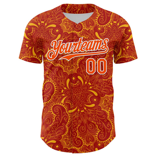 Custom Red Orange Gold-White 3D Pattern Design Burner Costumes Paisley Authentic Baseball Jersey