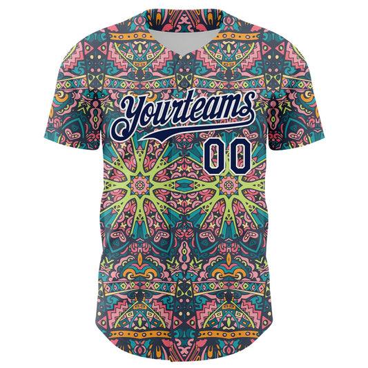 Custom Green Navy-White 3D Pattern Design Burner Costumes Psychedelic Authentic Baseball Jersey