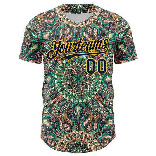 Custom Green Navy-Gold 3D Pattern Design Burner Costumes Psychedelic Authentic Baseball Jersey