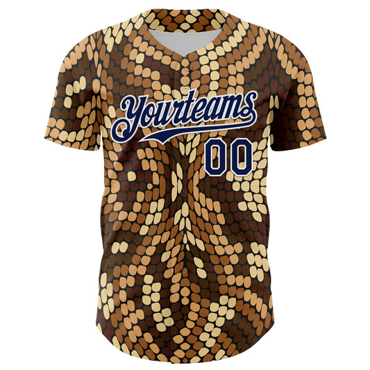Custom Brown Navy-White 3D Pattern Design Burner Costumes Snake Print Authentic Baseball Jersey