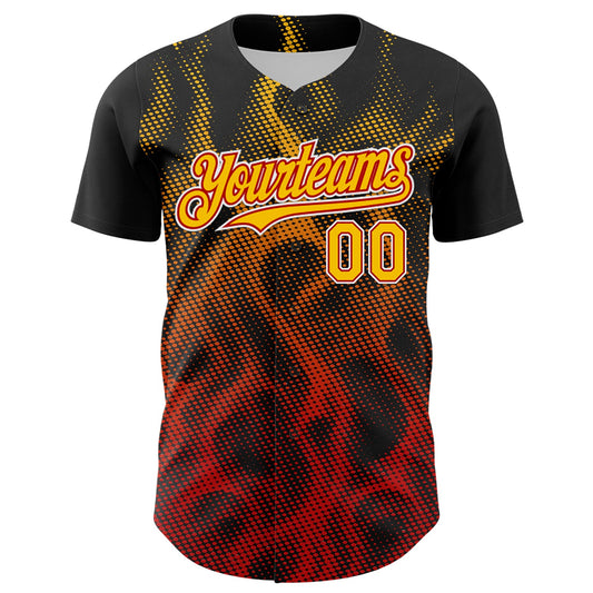 Custom Black Yellow Red-White 3D Pattern Design Rave Party Flame Authentic Baseball Jersey