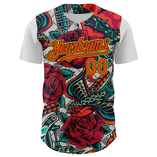Custom White Orange Black-Yellow 3D Pattern Design Rave Party Roses Vintage Tattoos Authentic Baseball Jersey