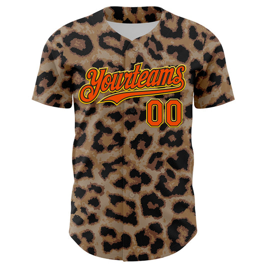 Custom Brown Orange Black-Yellow 3D Pattern Design Rave Party Animal Leopard Print Authentic Baseball Jersey