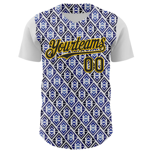 Custom White Black Royal-Gold 3D Pattern Design Rave Party Monogram Geometric Shape Authentic Baseball Jersey