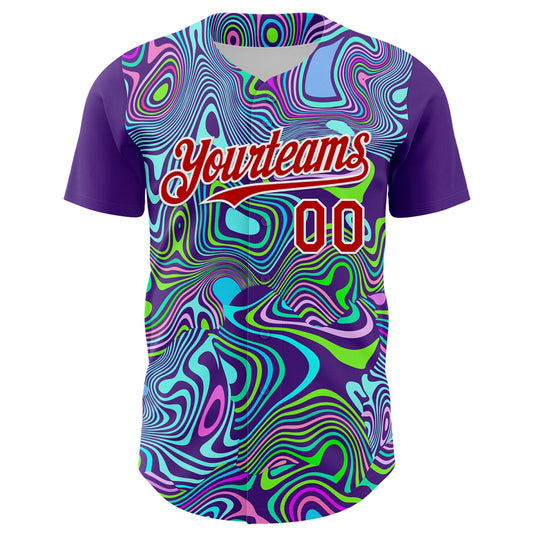 Custom Purple Red-White 3D Pattern Design Rave Party Trippy Laser Fluid Authentic Baseball Jersey