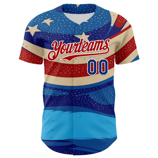 Custom Blue Royal Red-White 3D Retro American Flag Authentic Baseball Jersey
