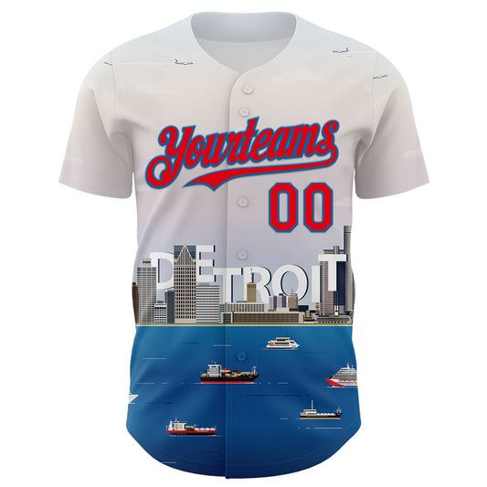 Custom White Fire Red-Blue 3D Pattern Design Detroit Cityscape Skyline Authentic Baseball Jersey