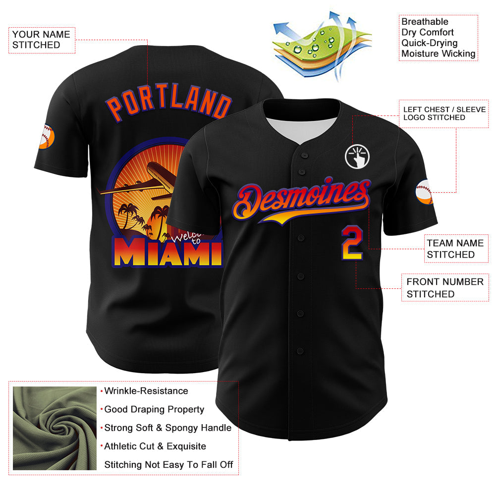 Custom Black Orange-Dark Purple 3D Pattern Design Gradient Miami Cityscape Sunset Authentic Baseball Jersey