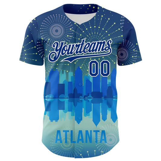 Custom Blue Royal-White 3D Pattern Design Atlanta Cityscape Fireworks Authentic Baseball Jersey