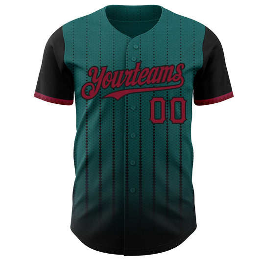 Custom Teal Crimson-Black 3D Pattern Design Gradient Geometric Shape Authentic Baseball Jersey