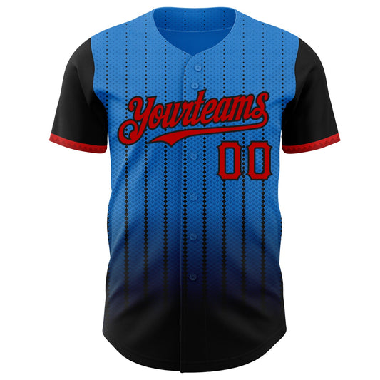 Custom Electric Blue Red-Black 3D Pattern Design Gradient Geometric Shape Authentic Baseball Jersey