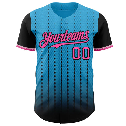 Custom Sky Blue Pink-Black 3D Pattern Design Gradient Geometric Shape Authentic Baseball Jersey
