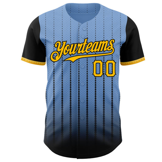Custom Light Blue Gold-Black 3D Pattern Design Gradient Geometric Shape Authentic Baseball Jersey