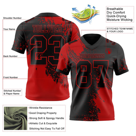 Custom Black Red 3D Pattern Abstract Brush Stroke Mesh Authentic Football Jersey