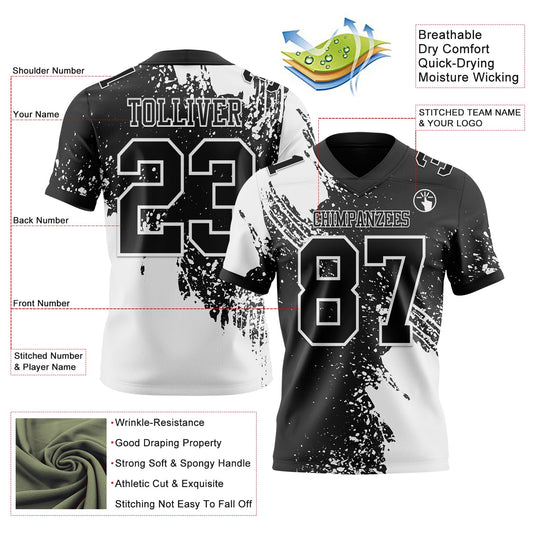 Custom Black White 3D Pattern Abstract Brush Stroke Mesh Authentic Football Jersey
