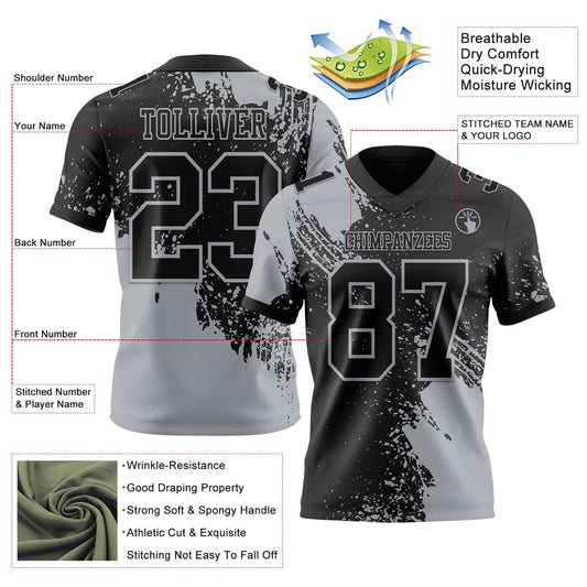 Custom Black Gray 3D Pattern Abstract Brush Stroke Mesh Authentic Football Jersey
